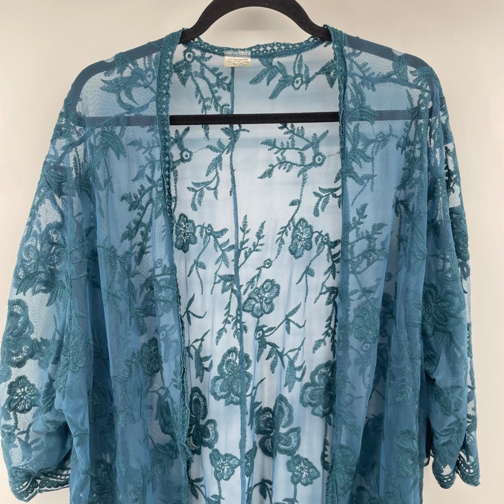 Unbranded Lace Kimono Duster Women XXL Teal Blue Floral Embroidered Sheer Boho